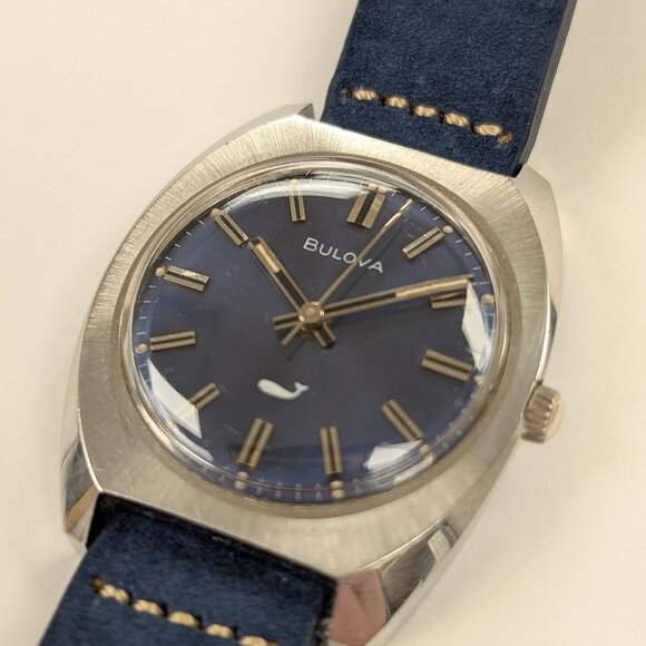 Vintage Bulova Sea King Watch Blue Dial Leather Strap - Picture 4 of 8